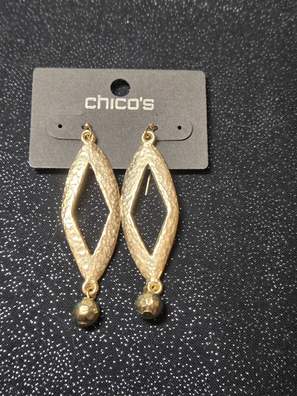 Chico's Gold Hammered Marquise Drop Earrings with Dangling Bead